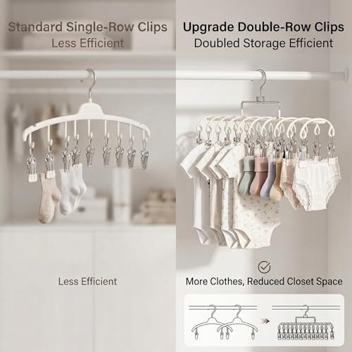 2 Pack Pants Hangers with 40 Clips, Stainless Steel Space Saving Closet Organizer for Hats Leggings Jeans, Dual Row Hangers for Dorm Room Essentials (Off-White)