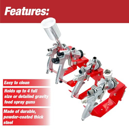 Magnetic Paint Spray Gun Holder Stand, Holds 4 Gravity Feed - Attach to Booth Wall, Mix Room, Workstation Cabinet, Body Shop or Garage Wall Red