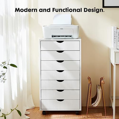 OLIXIS 7 Drawer File Cabinet on Wheels, Printer Stand | Fits Under Desks, Wood Storage Organization Holds Printer, Office Supplies, Not For Hanging Files, For Home Office Use White