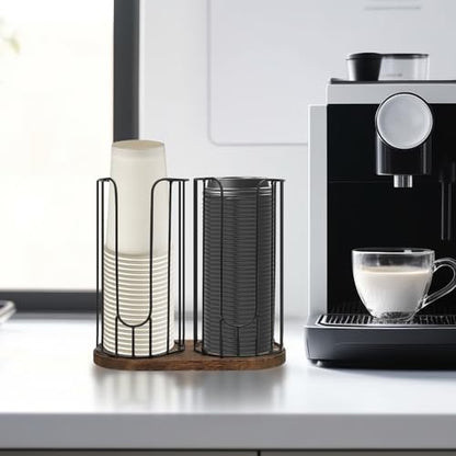 2-Compartment 18oz Coffee Cup Dispenser Rack with Wood Base, Disposable Cup, and Lid Organizer for Countertop - Perfect for Paper Cups, and Lid Organizer