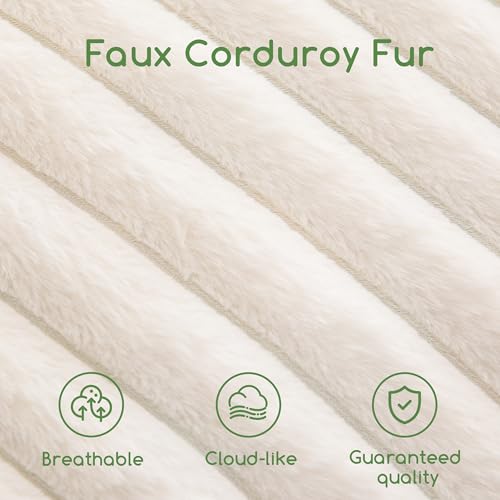 HIGOGOGO Round Stuffed Pouf Ottoman, Stripe Faux Fur Poufs with Foam Chunk Filling, Furry and Fluffy Pouf Foot Stool Storage Ottoman, 20 X 15 Floor Poufs Foot Rest for Living Room, Beige