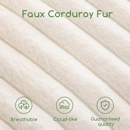 HIGOGOGO Round Stuffed Pouf Ottoman, Stripe Faux Fur Poufs with Foam Chunk Filling, Furry and Fluffy Pouf Foot Stool Storage Ottoman, 20 X 15 Floor Poufs Foot Rest for Living Room, Beige