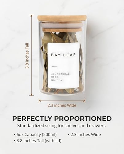 Glass Spice Jars with Label Pack (12x Bamboo Lid Glass Jar) Small 6oz Empty Spice Storage Bottles with 112 Printed Stickers and 48 Writable Pantry Labels for Seasoning Containers