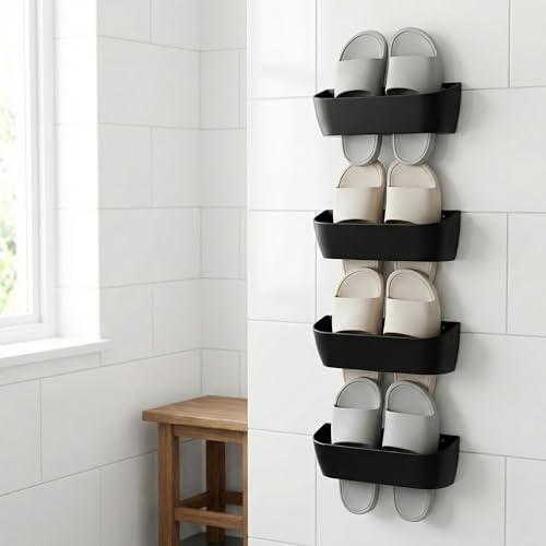 Wall Mount Shoe Rack 4 Pack Plastic Shoe Holders Storage Organizer | Self-Adhesive Shoe Storage for RV, Entryway & Wall, Plastic Rack for Closet, No-Drill Organizer for Camper & Home