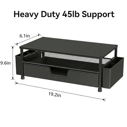 Desk Organizer and Accessories, 2-Tier Computer Monitor Stand Rise with Storage Drawer & 2 Pen Holders, Laptop & Printer Stand for Desktop, Workspace Organizers for Office Supplies (Black)