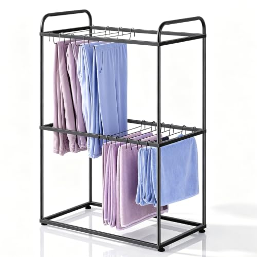 Freestanding Pants Rack Stand 2 Tier Black Pants Rack for Closet, Metal Trouser Rack with 26 Pant Hangers for Jeans, Scarves, Towels