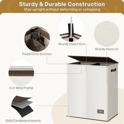 SOLEDI Luxury Double Laundry Hamper with Lid and Removable Bags, 38.3 Gal Large Laundry Bin, Laundry Basket 2 Sections, Collapsible Clothes Hamper for Bedroom, Laundry Room, Bathroom, Off-white