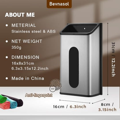 Plastic Bags Holder Grocery Dispenser for Kitchen Trash Bag Storage with Stainless Steel Front, Wall Mounted with Extra Wide Easy Access Openings