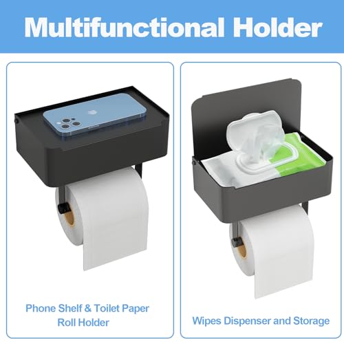 Toilet Paper Holder, Toilet Paper Holder with Shelf, Matte Black | Wall Mount, SUS304 Stainless Steel, Flushable Wipes Dispenser, Easy Installation, for Bathroom Wipe Storage