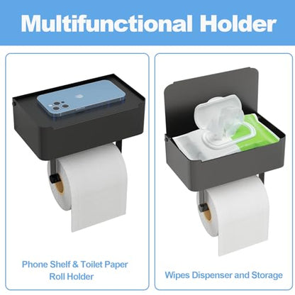 Toilet Paper Holder, Toilet Paper Holder with Shelf, Matte Black | Wall Mount, SUS304 Stainless Steel, Flushable Wipes Dispenser, Easy Installation, for Bathroom Wipe Storage