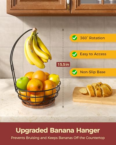 360° Rotating Fruit Bowl for Kitchen Counter with Banana Holder | Stable Metal Basket with Wooden Lazy Susan Base, Upgraded Banana Hanger Prevents Bruising, Ideal for Fruits, Bananas & Snacks