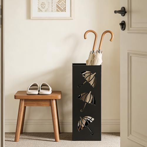 Metal Umbrella Holder, Square Stand for Entryway and Home Decor, 6.3" x 6.3" x 16.5" in Black, Sturdy Rack for Walking Canes and Umbrellas