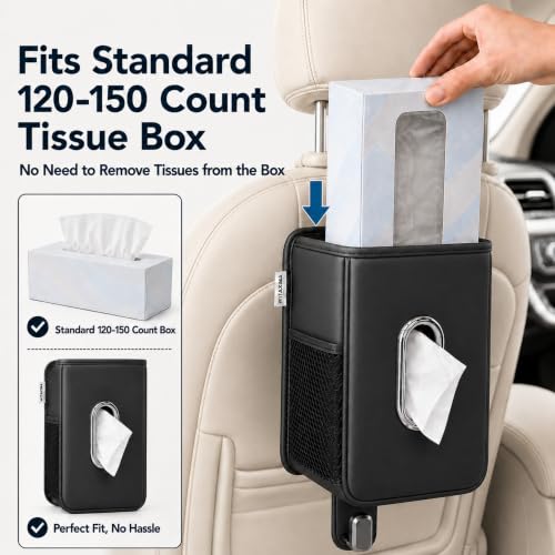 4 in 1 Car Tissue Holder with Headrest Hooks, Small Trash Can & Seat Back Organizer, PU Leather Tissue Box Cover for 120-150 Tissues, Trash Pockets & Hook Set, Keep Car Tidy, Black