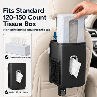 4 in 1 Car Tissue Holder with Headrest Hooks, Small Trash Can & Seat Back Organizer, PU Leather Tissue Box Cover for 120-150 Tissues, Trash Pockets & Hook Set, Keep Car Tidy, Black