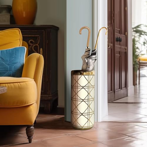 ZOEJADE 18”H Ceramic Umbrella Stand Modern Style Floor Vase for Entryway | Porcelain Umbrella Holder Contemporary Floor Vase for Storing Canes Walking Sticks for Entryway Indoor Home Decor White Gold