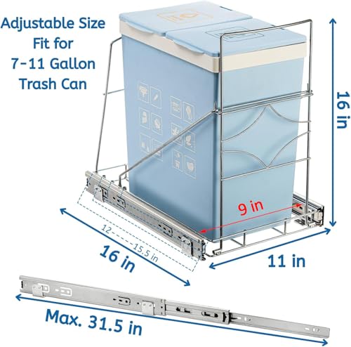 Youeon Pull Out Trash Can Under Cabinet, Adjustable Stainless Steel Under Sink Trash Can Pull Out, Slide Out Garbage Shelf, Fit for 7-11 Gallon Trash Can(Not Included)