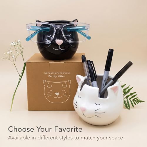 Cat Glasses Holder Stand and Vase - Black Cat Ceramic Sunglasses and Eyeglasses Stand Cat Lady Gift Display and Decor Organizer for Desk Accessories and Stationery Items