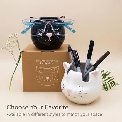 Cat Glasses Holder Stand and Vase - Black Cat Ceramic Sunglasses and Eyeglasses Stand Cat Lady Gift Display and Decor Organizer for Desk Accessories and Stationery Items