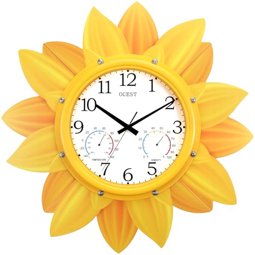 24 Inch Waterproof Sunflower Outdoor Clock, Thermometer Hygrometer | Silent non-ticking movement, metal petal design for patio, garden, pool, garage, porch, and backyard decor