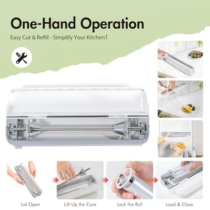 Aluminum Foil & Plastic Wrap Dispenser with Cutter - Easy One-Hand Operation, Space-Saving Kitchen Organizer for Worktops & Cabinets, Magnetic Cling Film Dispenser - Fits 12" Rolls, Gray