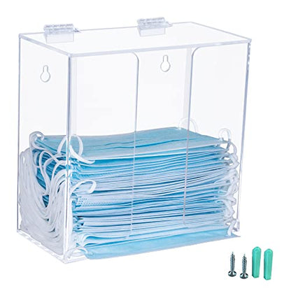 Face Mask Dispenser Box Holder Acrylic Case Hygiene Station with Lid. Countertop/Wall Mount Storage Container for Disposable Masks, Gloves, Napkins, Hairnets, Shoe Covers. Clear