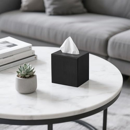 Mkono Tissue Box Cover, PU Leather Square Holder with Bottom, Black | Decorative Facial Cube Organizer, Vanity Dresser Countertop Tabletop, Bathroom Bedroom Office Nightstand, Home Decor Accent