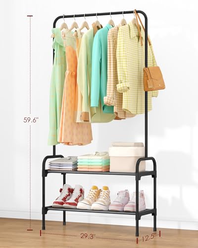 Sakugi Clothes Rack - 29.3" × 12.5" × 59.6" Clothing Rack and Shoe Rack with Anti-Slip Stopper, Large Capacity Rack with 2-Tier Shoe Organizer, Clothes Organizer for Bedroom, Entrance, Laundry, Black