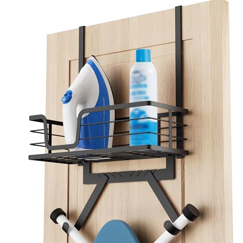 KES Over The Door Ironing Board Holder, Ironing Board Hanger Door Mount with Storage Shelf Y and T Shaped Fits for 1 3/8 Doors Matte Black, HIR501A-BK