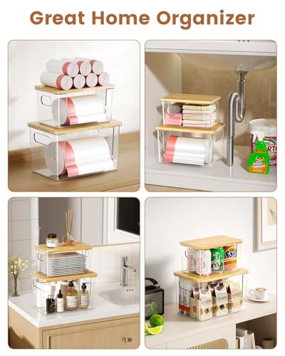 Trash Bag Dispenser 2 Pack, Stackable Trash Bag Holder with Bamboo Lid – Clear Plastic Garbage Bag Organizer for 4-33 Gal Bags, Space-Saving Under Sink Organizer for Kitchen, Laundry, Pantry