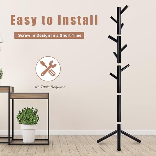 8-Hook Freestanding Coat Rack 3 Adjustable Heights Sturdy Black | Easy Tool-Free Setup,Ideal for Entryway Bedroom Hallway Office,Holds Clothes Hats Handbags,Space-Saving Vertical Design