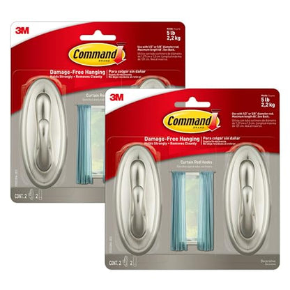 Command 5 lb Large Brushed Nickel Color Hooks, 2-Pack of 2 Wall Hooks and 2 Strips, Damage Free Coat Hooks with Adhesive Strips, Traditional Hooks for Hanging Christmas Decorations
