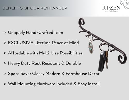 Farmhouse Small Key Holder for Wall, Wrought Iron Wall Mount Rack | Handcrafted Swirl Decorative, 5 Key Hooks for Home Entryway, Purse, Coat and Leash Holder or Organizer (Classic Black)