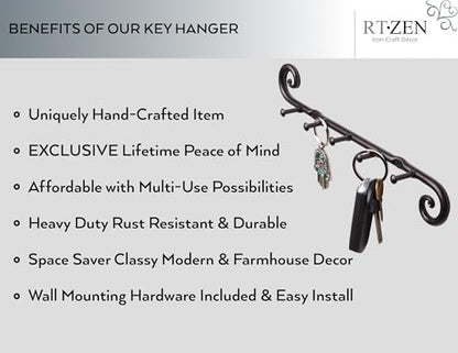 Farmhouse Small Key Holder for Wall, Wrought Iron Wall Mount Rack | Handcrafted Swirl Decorative, 5 Key Hooks for Home Entryway, Purse, Coat and Leash Holder or Organizer (Classic Black)
