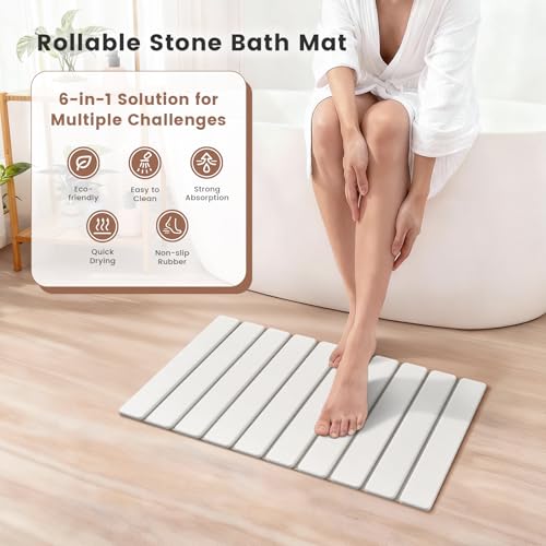 Super Anti-Slip Strong Absorbent Diatomite Pad, Stone Bath Mat 23.6 x 15.5 inches Quick-Dry Pad, Foldable and Easy to Store Bathroom Stone Bath Mat, Suitable for Bathroom, Easy to Clean