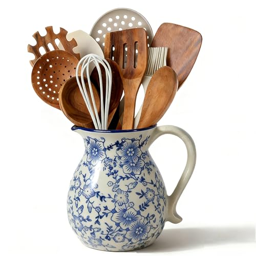 6.1" Blue & White Ceramic Farmhouse Utensil Holder for Kitchen Counter | Blue & white floral ceramic utensil holder with handle; stain-proof glaze; doubles as vase; rustic vintage kitchen decor