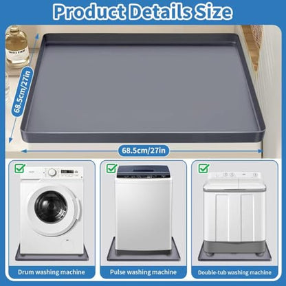 Washing Machine Drain Pan Silicone mat 27"x27" with 0.79" Raised Edges, Leak-Proof Silicone Mat, Non-Slip Waterproof Floor Protector for Washer Dryer (Grey)