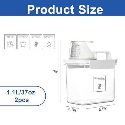 Laundry Detergent Dispenser, Liquid Laundry Container & Powder Soap Dispenser, 2 Pack Plastic Laundry Storage for Laundry Room Organization, Fabric Softener Dispenser (1.1L)