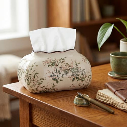 Yalikop Vintage Floral Ceramic Tissue Box Cover Chinoiserie Decorative Tissue Holder Retro Rustic Farmhouse Home Decor for Bathroom Vanity Table Living Room Bedroom Kitchen Office Green and Beige