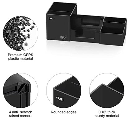 deli Desk Organizer, Plastic Desktop Organizer with Pencil Holder and Sticky Note Tray, Office Stationery Supplies Organizers Accessories Caddy, 6 Compartments, Black