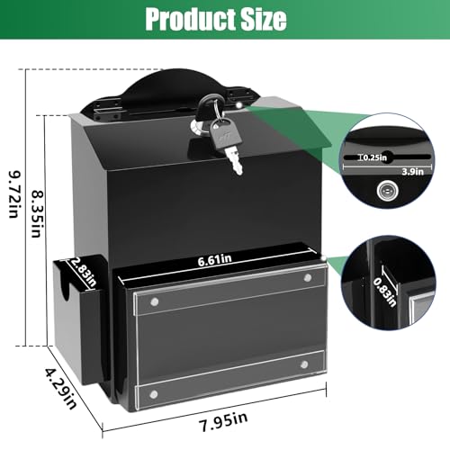 Metal Suggestion Box with Slot, Lockable Donation Box with Keys & 50 Cards | Wall/Tabletop Mounted Black Ballot Boxes, Magnetic Acrylic Sign Holder, 2 Storage Compartments, for Office School Church Shop