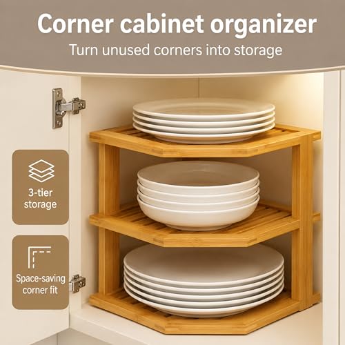 Plate Organizer for Cabinet, Corner Shelf, Bamboo 3-Tier Kitchen Organizer | Kitchen Cabinet Organizer, Corner Countertop Shelf, Holds Plates Bowls Mugs Cups, Kitchen Organization, Plate Rack Shelf