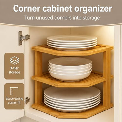Plate Organizer for Cabinet, Corner Shelf, Bamboo 3-Tier Kitchen Organizer | Kitchen Cabinet Organizer, Corner Countertop Shelf, Holds Plates Bowls Mugs Cups, Kitchen Organization, Plate Rack Shelf