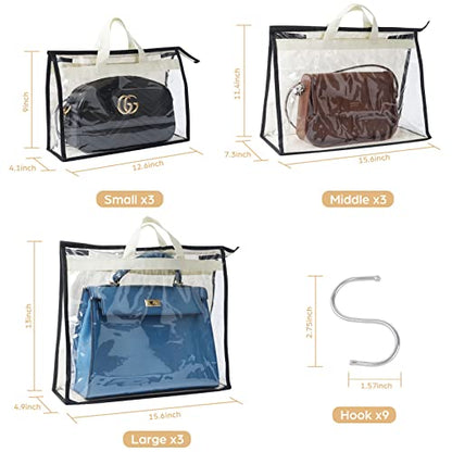 9 Pack Dust Bags for Handbags, Clear Handbag Storage, Purse Storage Organizer for Closet, Purse Cover Hanging Closet Organizer with Zipper | Purse Storage Organizer for Closet, Purse Cover Hanging Closet Organizer with Zipper
