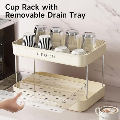 UFORU Countertop Coffee Station Organizer,Cup Rack,Mug & Wine Glass Holder | 2-Tier Cream White Mug Shelf with Removable Drain Tray,Bathroom Countertop Organizer,Spice Rack for Kitchen