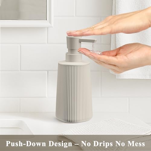 Beige 2 Pack Hand Soap Dispensers Set | with No Rust Pump for Bathroom and Kitchen Countertops Refillable Matte Striped Plastic 8.5 oz