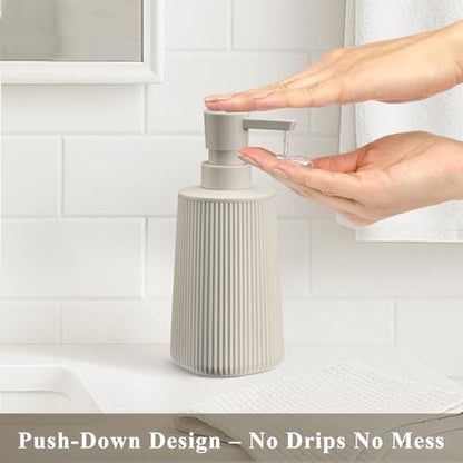 Beige 2 Pack Hand Soap Dispensers Set | with No Rust Pump for Bathroom and Kitchen Countertops Refillable Matte Striped Plastic 8.5 oz