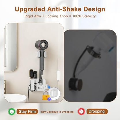 Hands Free Hair Dryer Holder Wall Mount, Anti-Shake Blow Dryer Stand with Storage Slot, Drill-Free Adhesive or Screw Installation, Height & Front-Back Adjustable Arm, Bathroom Organizer(White)