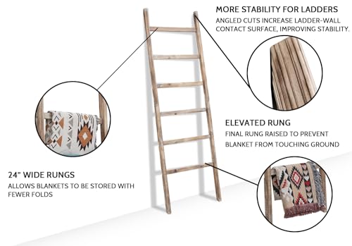 Blanket Ladder, 24in Wide Rustic Solid Wood Decor Rack, Burnt Brown | 6.4 ft high and 6 rungs, farmhouse quilt display holder, organize towel and scarf, leaning wall, bathroom and living room use