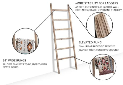 Blanket Ladder, 24in Wide Rustic Solid Wood Decor Rack, Burnt Brown | 6.4 ft high and 6 rungs, farmhouse quilt display holder, organize towel and scarf, leaning wall, bathroom and living room use