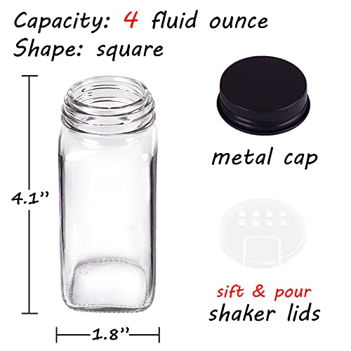 25 Spice Jars with 547 Labels- Glass Spice Jars with Black Metal Caps, 4oz Empty Spice Containers with Shaker Lids, Funnel, Chalk Pen, Square Seasoning Bottles for Spice Rack, Drawer, Cabinet